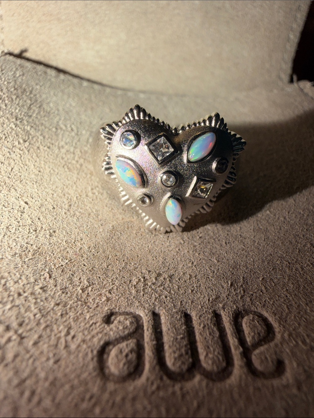 Awe Inspired Heart-Shaped Silver Ring with Opal Accent Stones